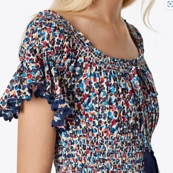 Tory Burch Wildflower Tiered Off Shoulder Smoked Navy Pipping Midi Dress S $498 - Picture 6 of 16